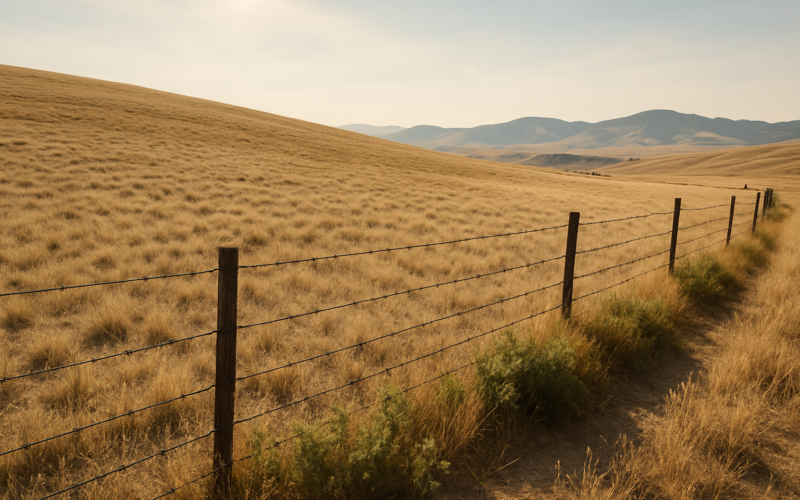 Dry short-grass Montana rangeland on a south-facing slope with a fenceline and weedy ditch, foothills in the distance under a summer sky