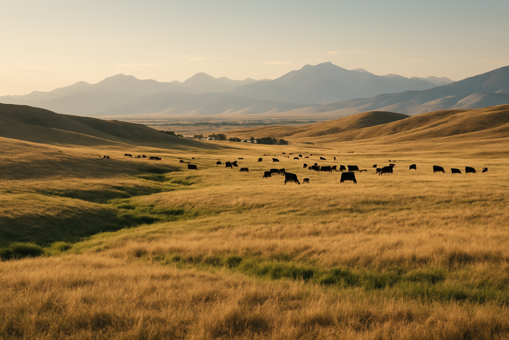 Black cattle grazing a thinning early-summer Montana foothill pasture with dry ridges and greener draws under a hazy mountain horizon