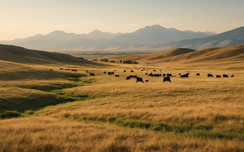 Black cattle grazing a thinning early-summer Montana foothill pasture with dry ridges and greener draws under a hazy mountain horizon