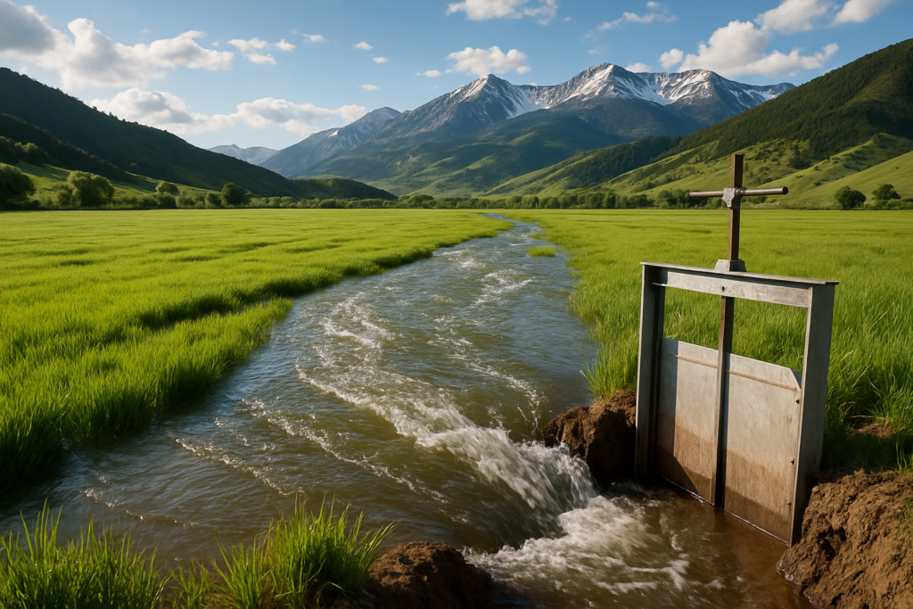Water flowing from an earthen ditch across a green flood-irrigated hay meadow in a Montana valley with foothills behind