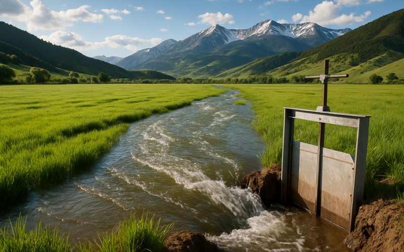 Water flowing from an earthen ditch across a green flood-irrigated hay meadow in a Montana valley with foothills behind