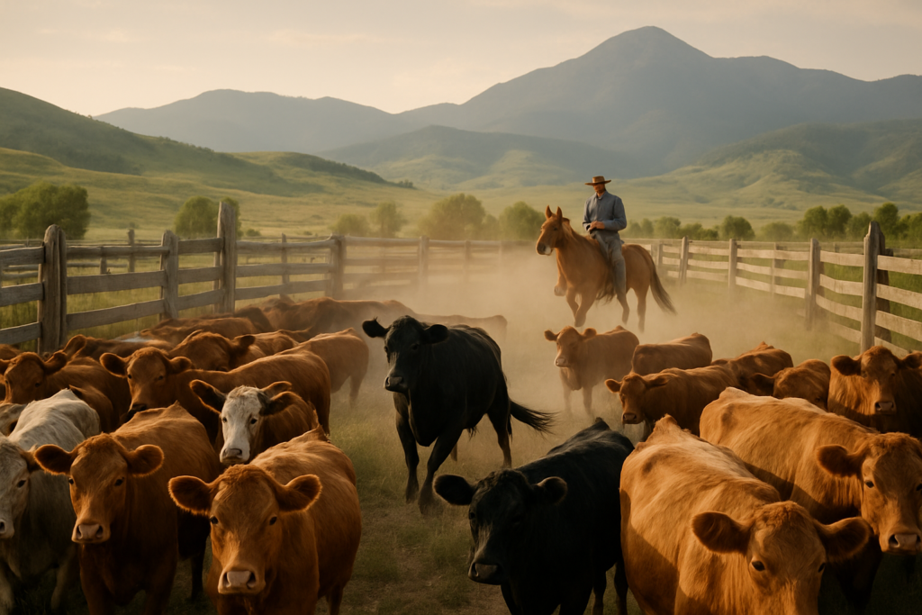 Cattle held in a wooden corral on a Montana ranch in early summer while a rider sorts a cow from the herd