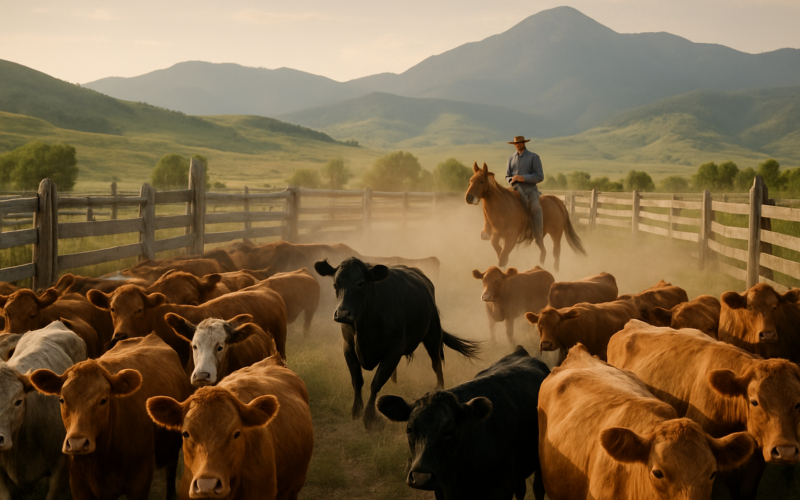 Cattle held in a wooden corral on a Montana ranch in early summer while a rider sorts a cow from the herd