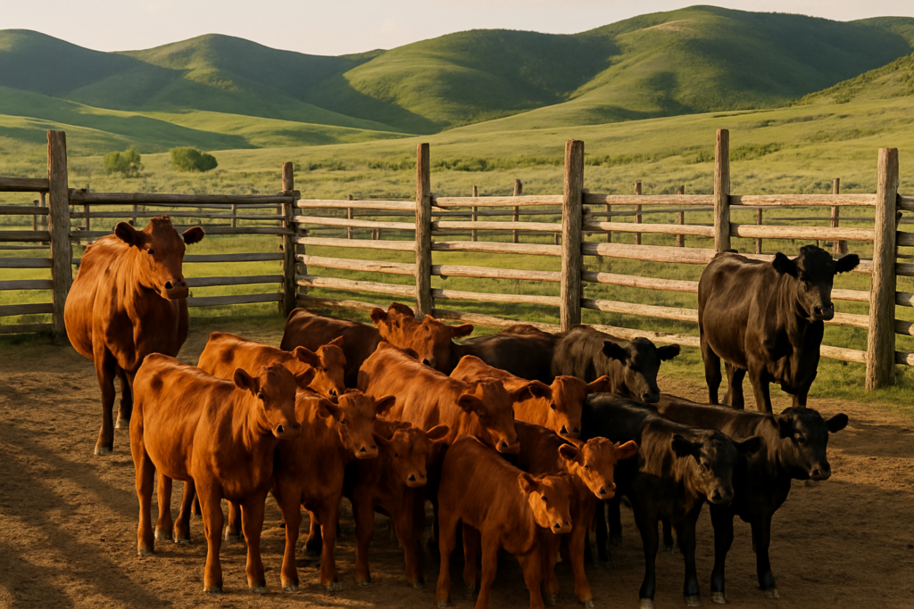 Beef cows sorted in a weathered wooden corral on a Montana ranch with green foothills behind in early summer