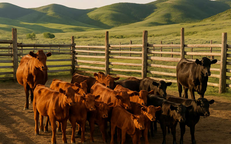 Beef cows sorted in a weathered wooden corral on a Montana ranch with green foothills behind in early summer