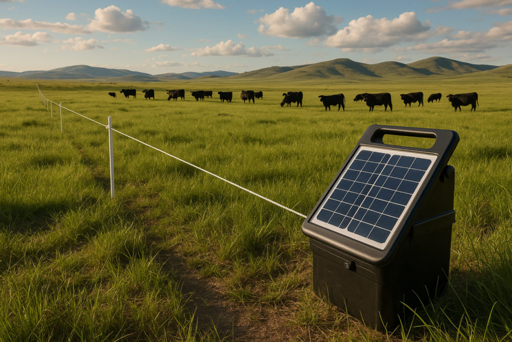 A single strand of temporary electric fence on step-in posts dividing a green summer pasture with cattle grazing beyond