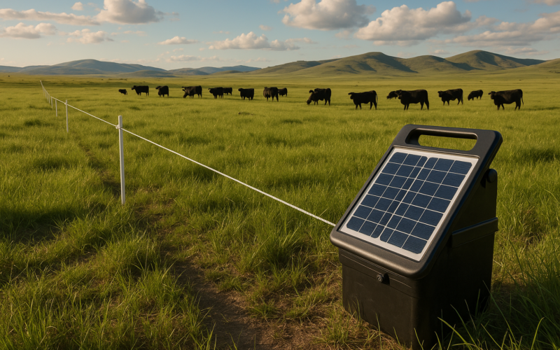 A single strand of temporary electric fence on step-in posts dividing a green summer pasture with cattle grazing beyond