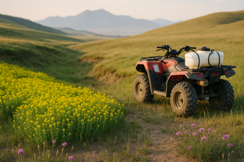 A Montana foothill pasture with blooming leafy spurge and knapweed beside an ATV sprayer in early morning light
