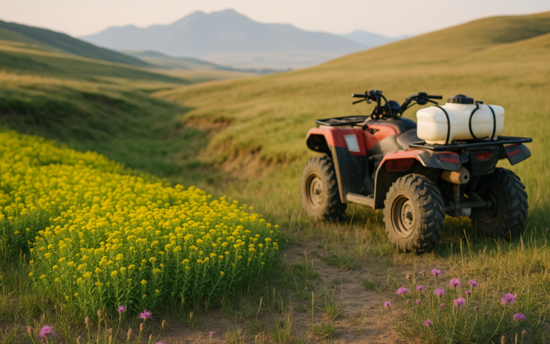 A Montana foothill pasture with blooming leafy spurge and knapweed beside an ATV sprayer in early morning light