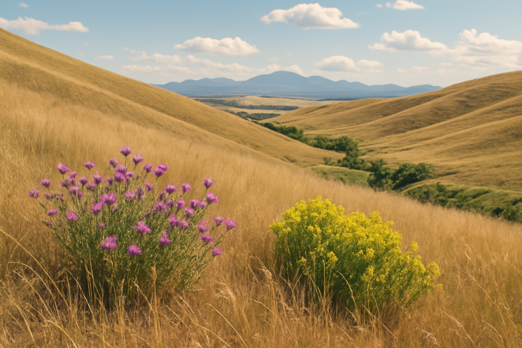 A Montana foothill pasture in June with patches of spotted knapweed and leafy spurge growing among dry bunchgrass