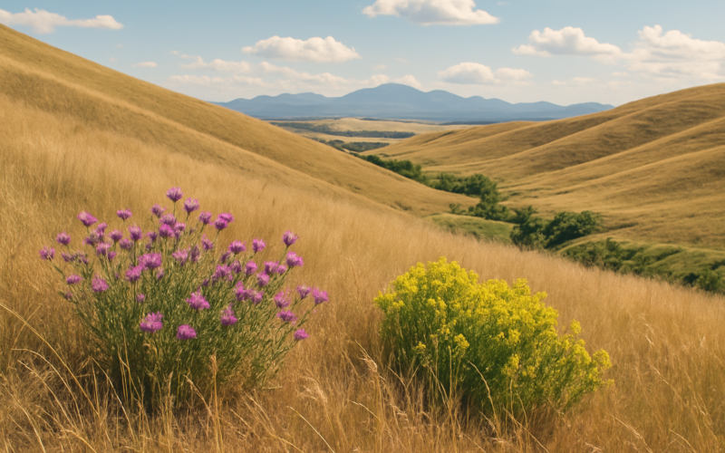 A Montana foothill pasture in June with patches of spotted knapweed and leafy spurge growing among dry bunchgrass