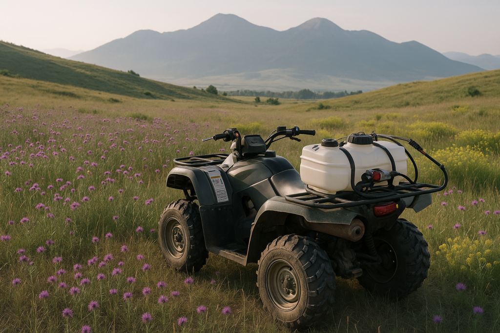 Montana foothill pasture with blooming knapweed and leafy spurge and an ATV spot sprayer in early morning light