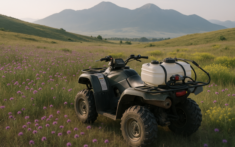 Montana foothill pasture with blooming knapweed and leafy spurge and an ATV spot sprayer in early morning light