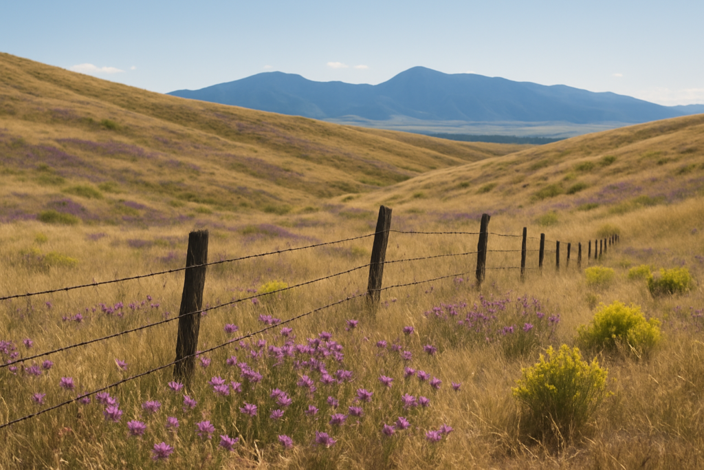Montana foothill rangeland with scattered knapweed and leafy spurge patches along a barbed wire fence line in June