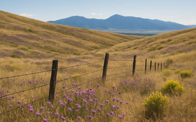 Montana foothill rangeland with scattered knapweed and leafy spurge patches along a barbed wire fence line in June