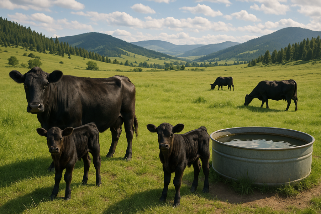 Black cow-calf pairs grazing on green Montana foothill range near a stock tank under summer sky