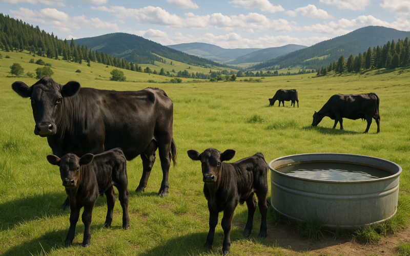 Black cow-calf pairs grazing on green Montana foothill range near a stock tank under summer sky
