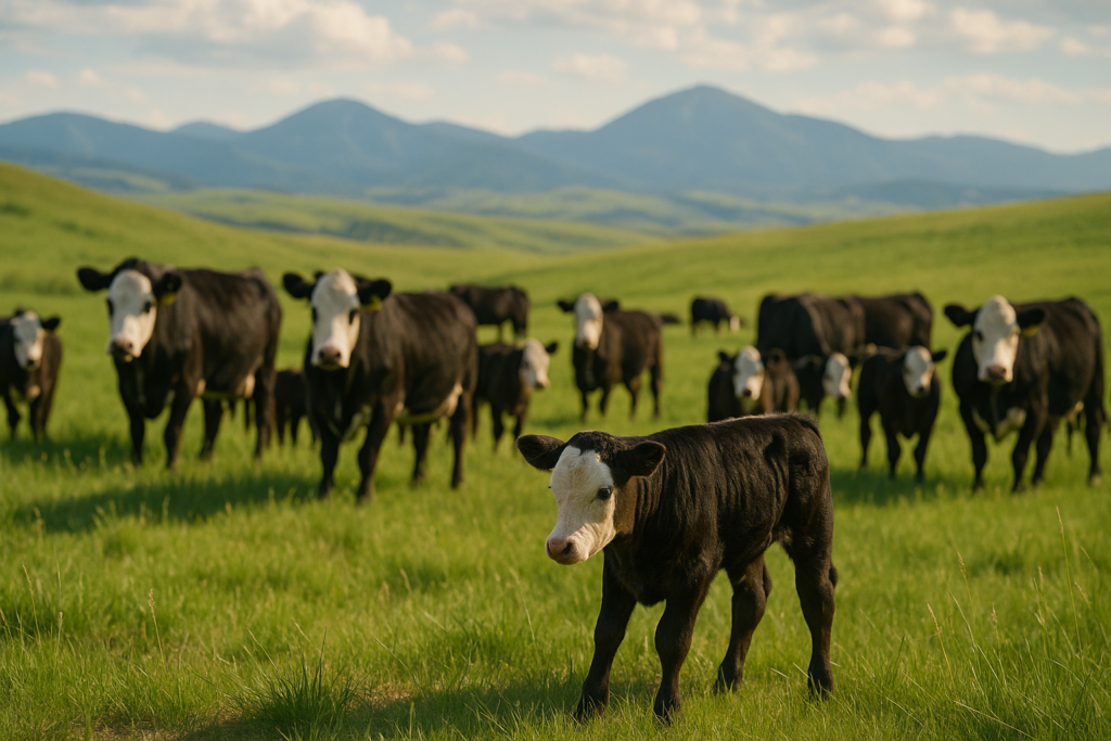 Cow-calf pairs grazing on green Montana summer range with one calf standing apart from the herd