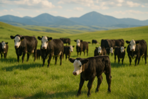 Cow-calf pairs grazing on green Montana summer range with one calf standing apart from the herd