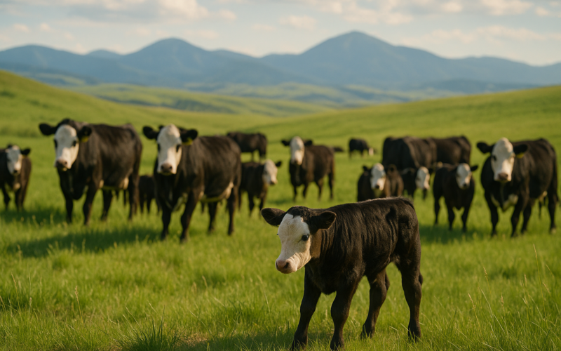 Cow-calf pairs grazing on green Montana summer range with one calf standing apart from the herd