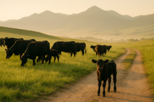 Angus cow-calf pairs grazing on a green Montana foothill pasture in early summer with a calf standing apart from the herd