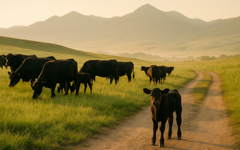 Angus cow-calf pairs grazing on a green Montana foothill pasture in early summer with a calf standing apart from the herd