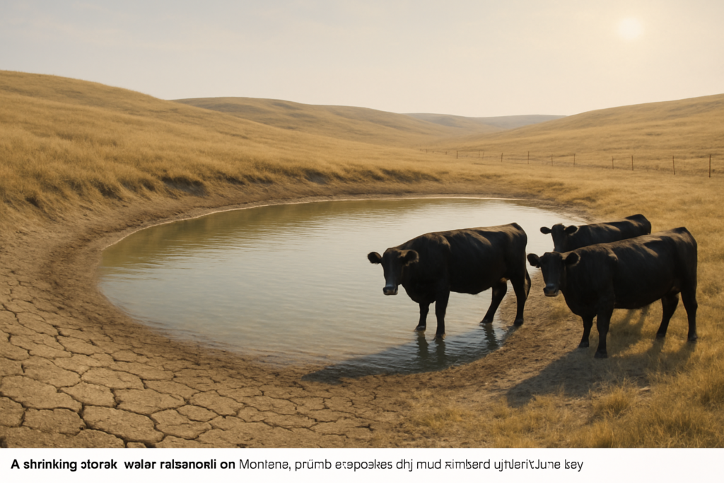Black cattle drinking at the edge of a drawn-down stock pond with a dry mud rim on the Montana prairie under a hazy summer sky