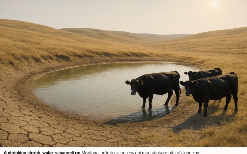 Black cattle drinking at the edge of a drawn-down stock pond with a dry mud rim on the Montana prairie under a hazy summer sky