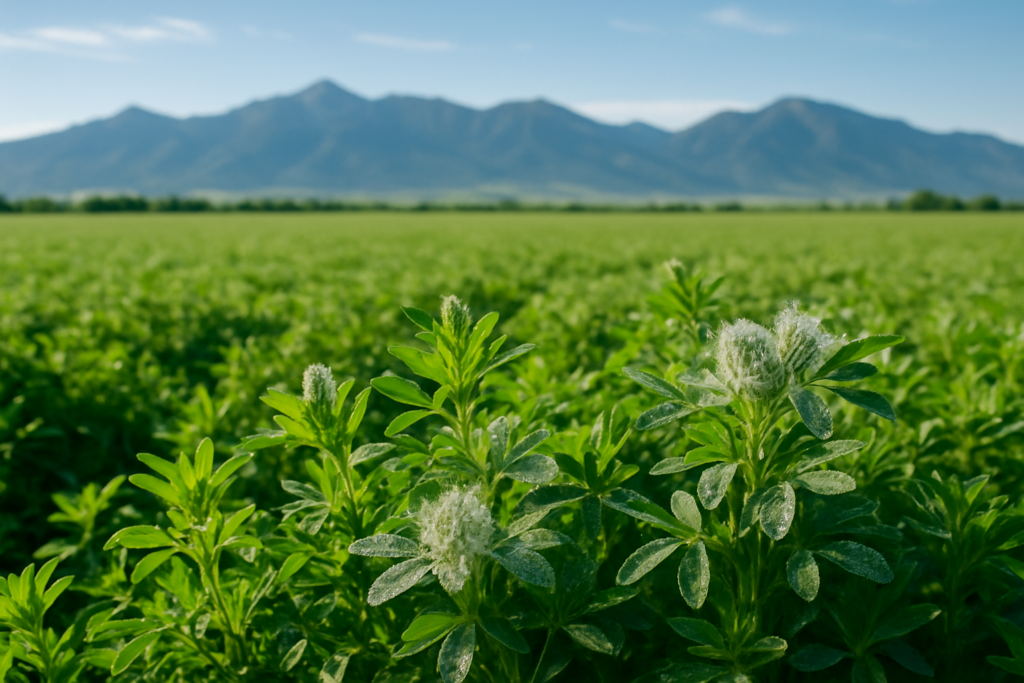 A green Montana alfalfa field with pale frosted-looking tips on some plants, mountains in the background under a summer sky
