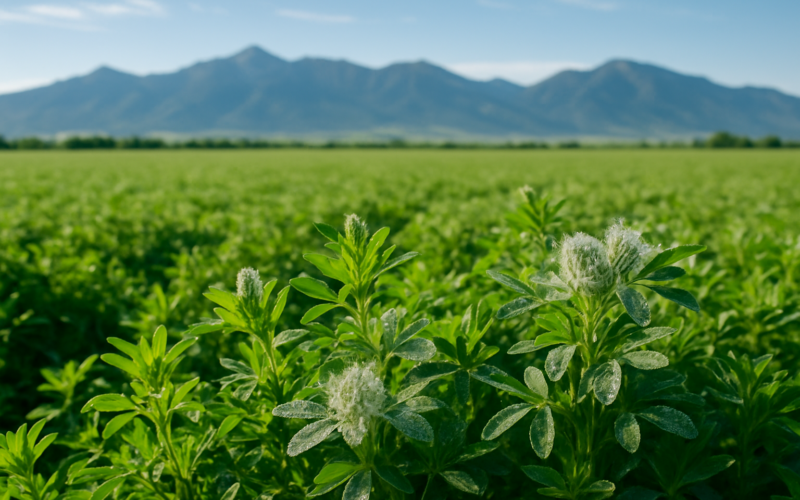 A green Montana alfalfa field with pale frosted-looking tips on some plants, mountains in the background under a summer sky