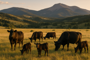 Black cows and calves grazing on open Montana summer range with timbered foothills behind them at golden hour