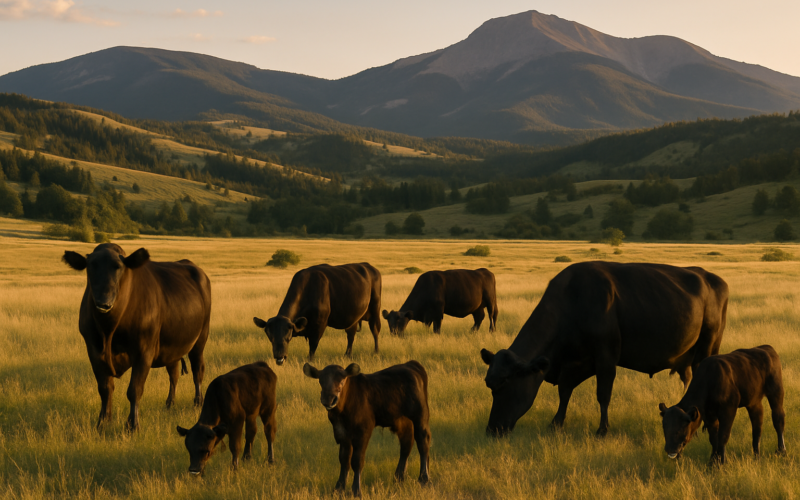 Black cows and calves grazing on open Montana summer range with timbered foothills behind them at golden hour