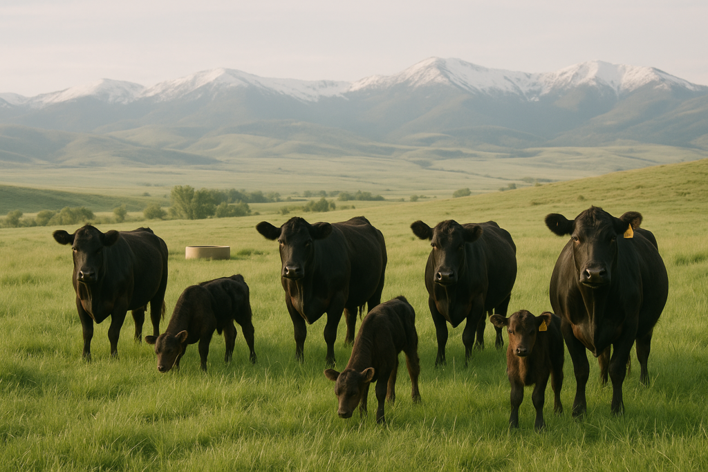 Young Angus heifers and their calves grazing summer foothill pasture in Montana with mountains in the distance
