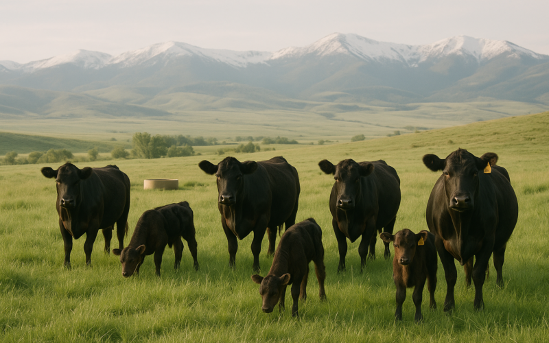 Young Angus heifers and their calves grazing summer foothill pasture in Montana with mountains in the distance