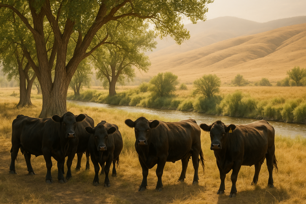 Black cattle bunched in the shade of cottonwood trees near a creek on a hot Montana summer afternoon