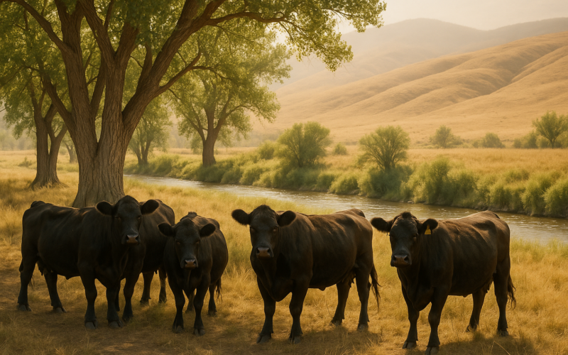 Black cattle bunched in the shade of cottonwood trees near a creek on a hot Montana summer afternoon