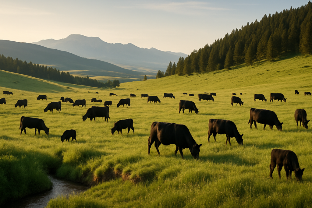 Black cattle grazing spread across a green Montana foothill summer range with a timbered ridge and mountains in the distance
