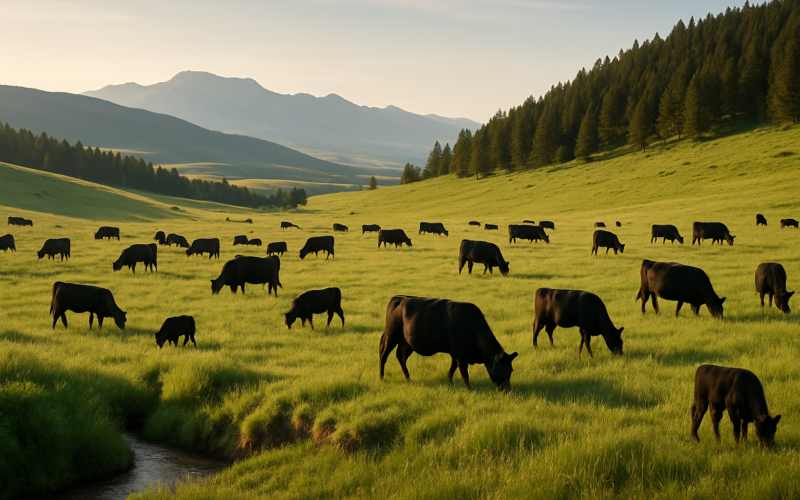 Black cattle grazing spread across a green Montana foothill summer range with a timbered ridge and mountains in the distance