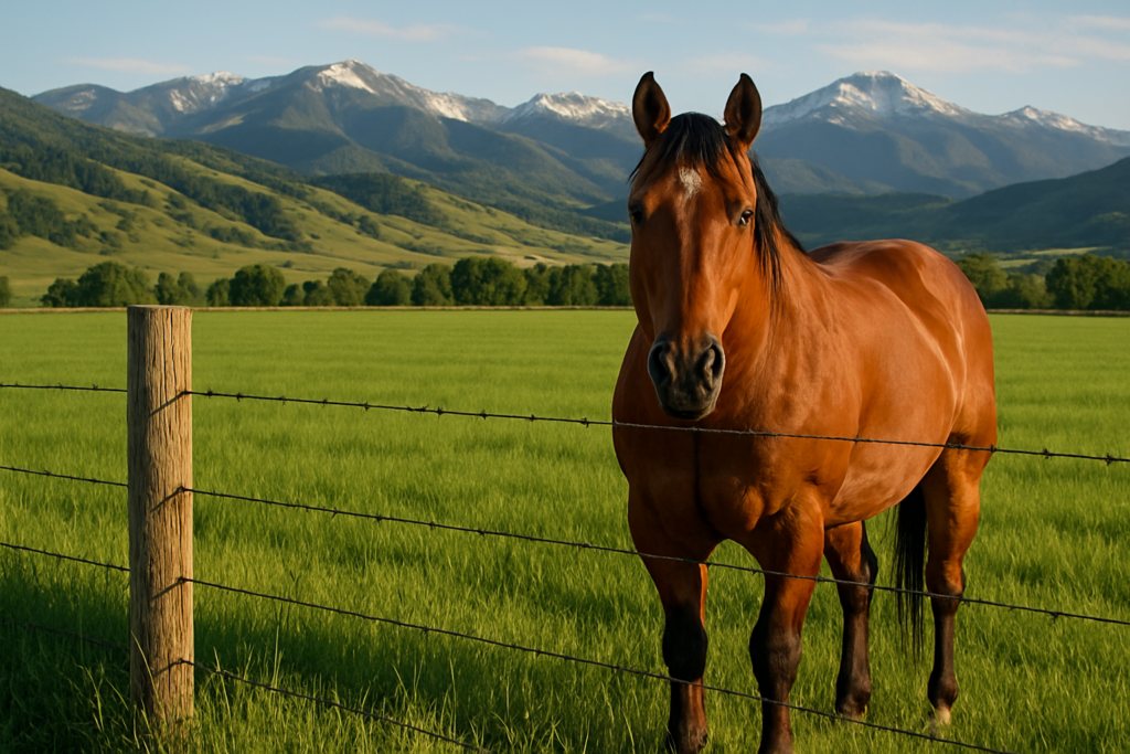 A ranch horse standing along a fence at the edge of a green irrigated Montana meadow in early summer light