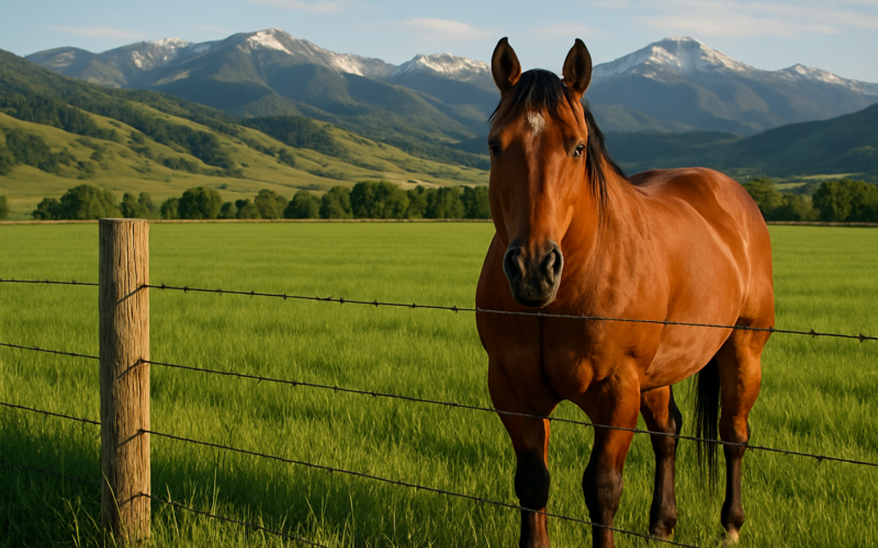 A ranch horse standing along a fence at the edge of a green irrigated Montana meadow in early summer light