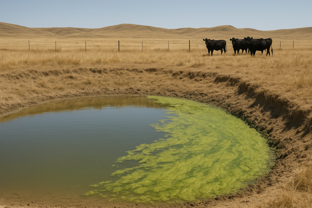 A stagnant Montana stock pond with green algae scum along the bank, cattle standing nearby behind a fence