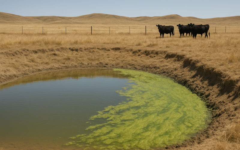 A stagnant Montana stock pond with green algae scum along the bank, cattle standing nearby behind a fence