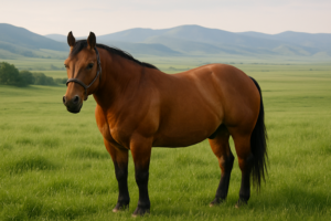 A stocky ranch gelding grazing on lush green June pasture with Montana foothills behind him in early morning light