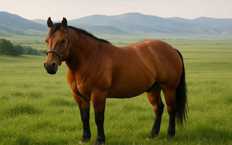 A stocky ranch gelding grazing on lush green June pasture with Montana foothills behind him in early morning light