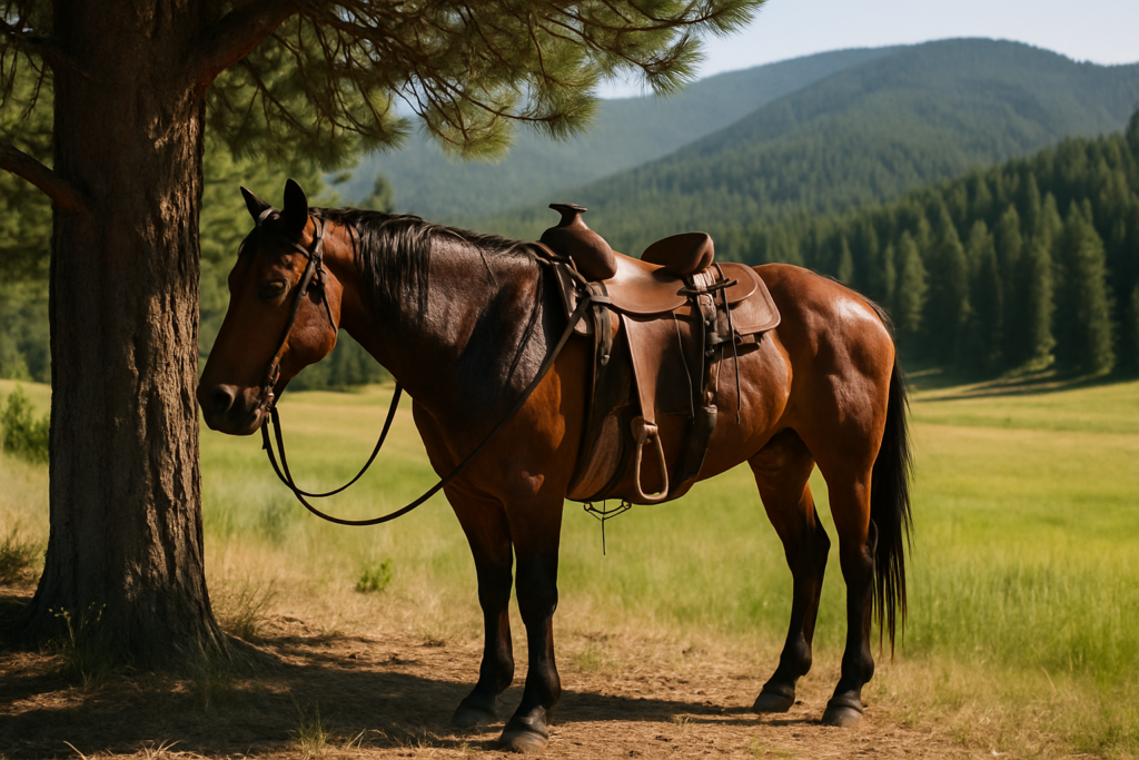 A saddled bay ranch horse standing in shade at the edge of a green Montana mountain meadow on a hot summer day