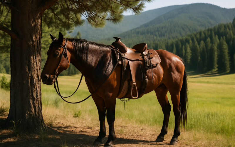 A saddled bay ranch horse standing in shade at the edge of a green Montana mountain meadow on a hot summer day