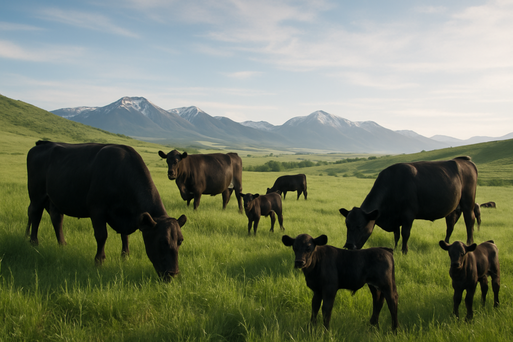Young black cows and their calves grazing green early-summer pasture below Montana foothills