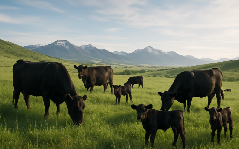 Young black cows and their calves grazing green early-summer pasture below Montana foothills
