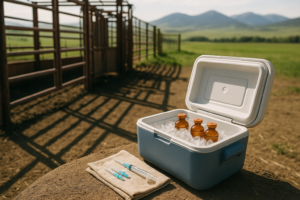 A cooler of vaccine bottles and a syringe in the shade beside a cattle chute on a Montana ranch in early summer
