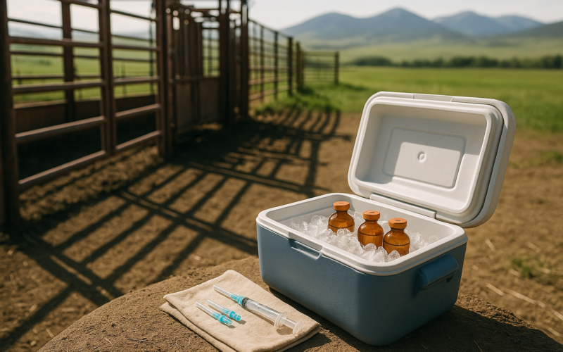 A cooler of vaccine bottles and a syringe in the shade beside a cattle chute on a Montana ranch in early summer
